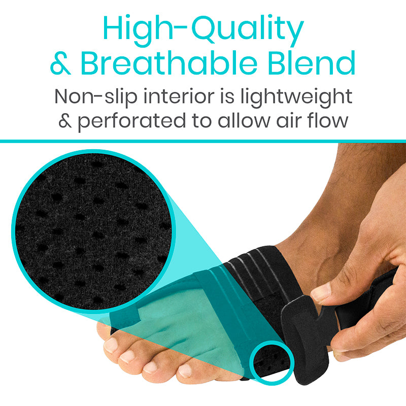 Teal foot massager with black interior, held by a person, on a white background with text about quality and breathability.