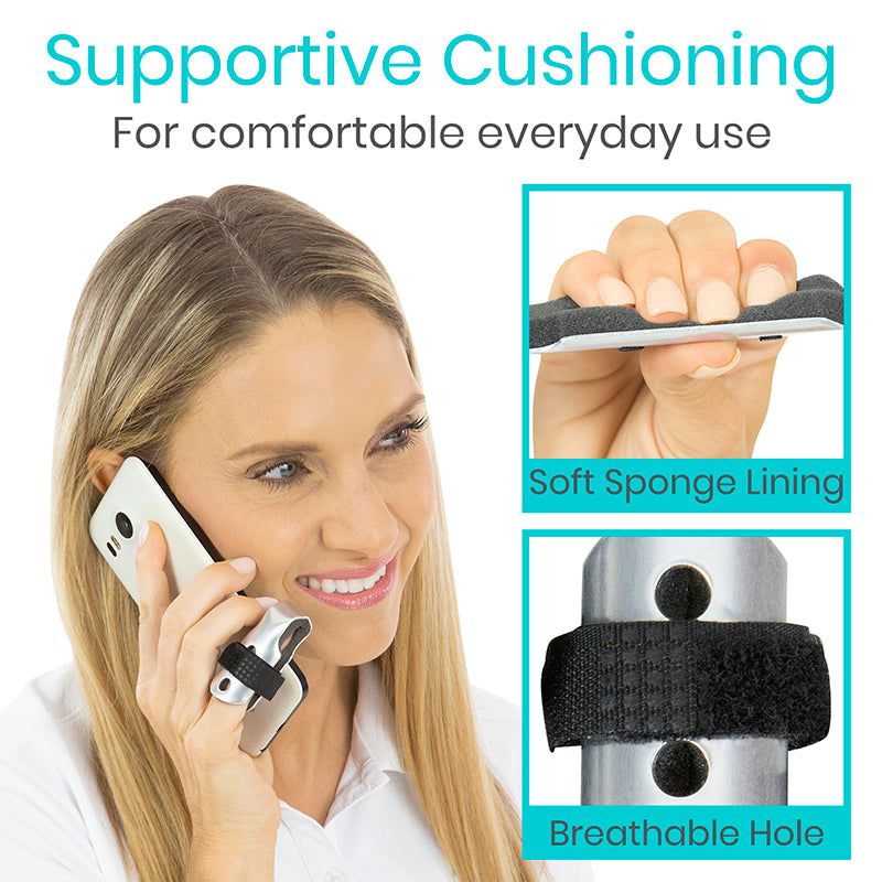 Woman talking on a phone with supportive cushioning features highlighted