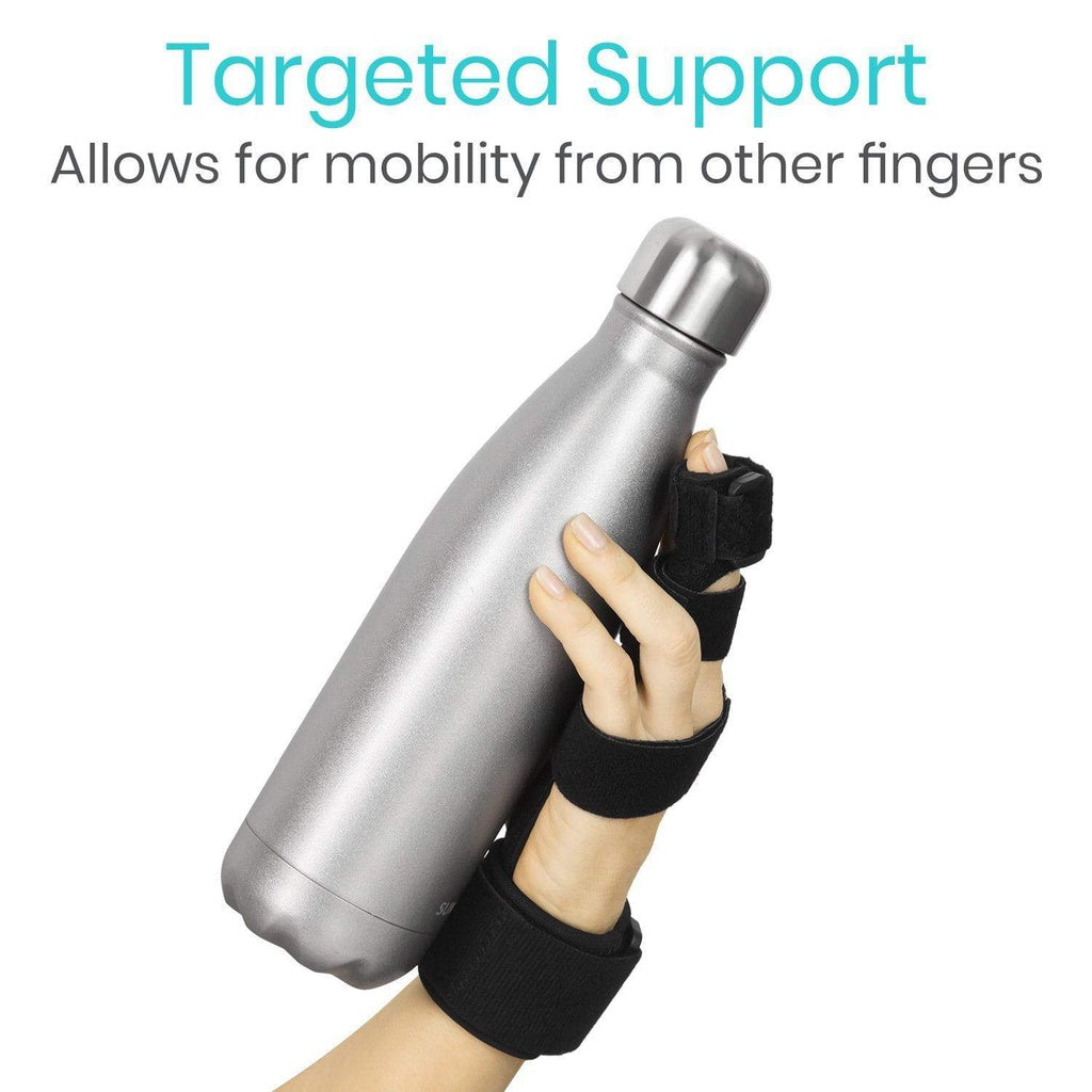 Hand holding a silver water bottle with black wrist support, text 'Targeted Support Allows for mobility from other fingers' on a white background.