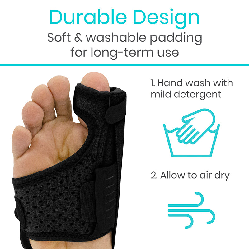 Black foot brace on a foot with washing instructions displayed.