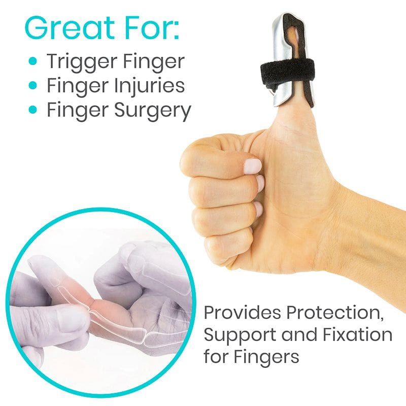 Hand with a finger splint and text highlighting its uses for trigger fingers, injuries, and surgery.