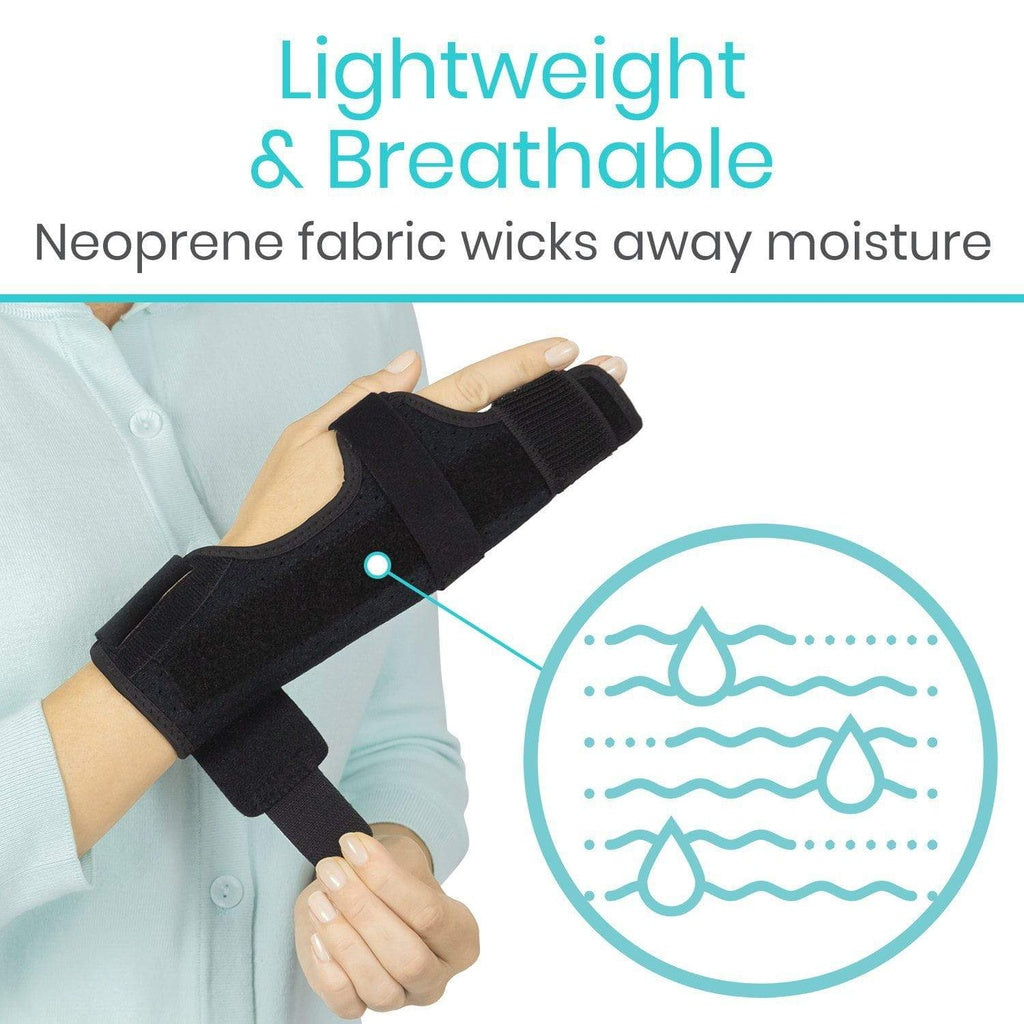 Hand wearing a black wrist support brace with text about lightweight and breathable neoprene fabric.