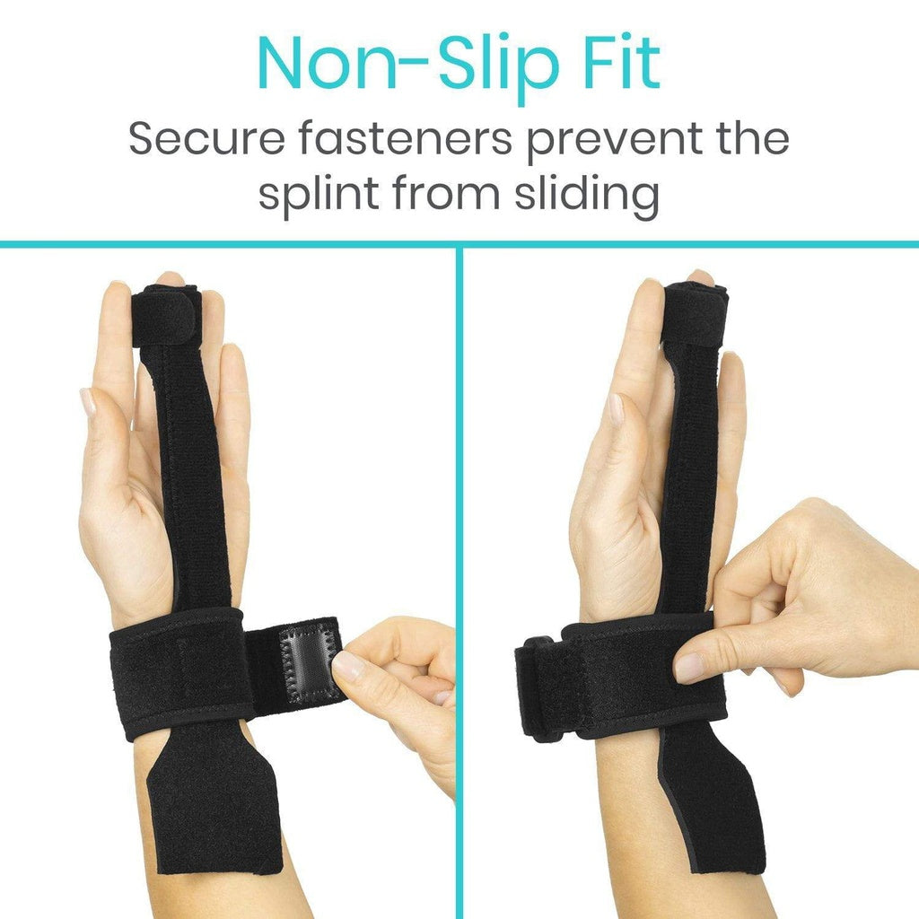 Black finger splint being worn on a hand with text about non-slip fit.