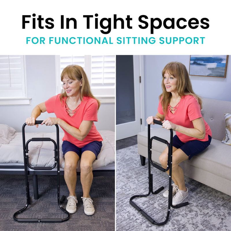 Woman using a standing frame in a bedroom and living room setting with text 'Fits In Tight Spaces FOR FUNCTIONAL SITTING SUPPORT'.