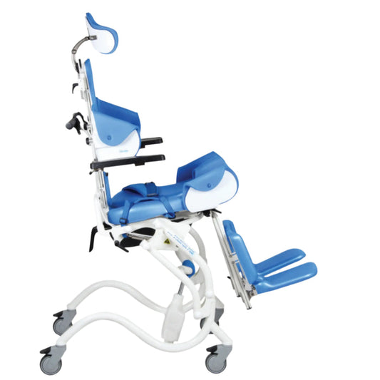 Blue and white patient lift chair on a white background