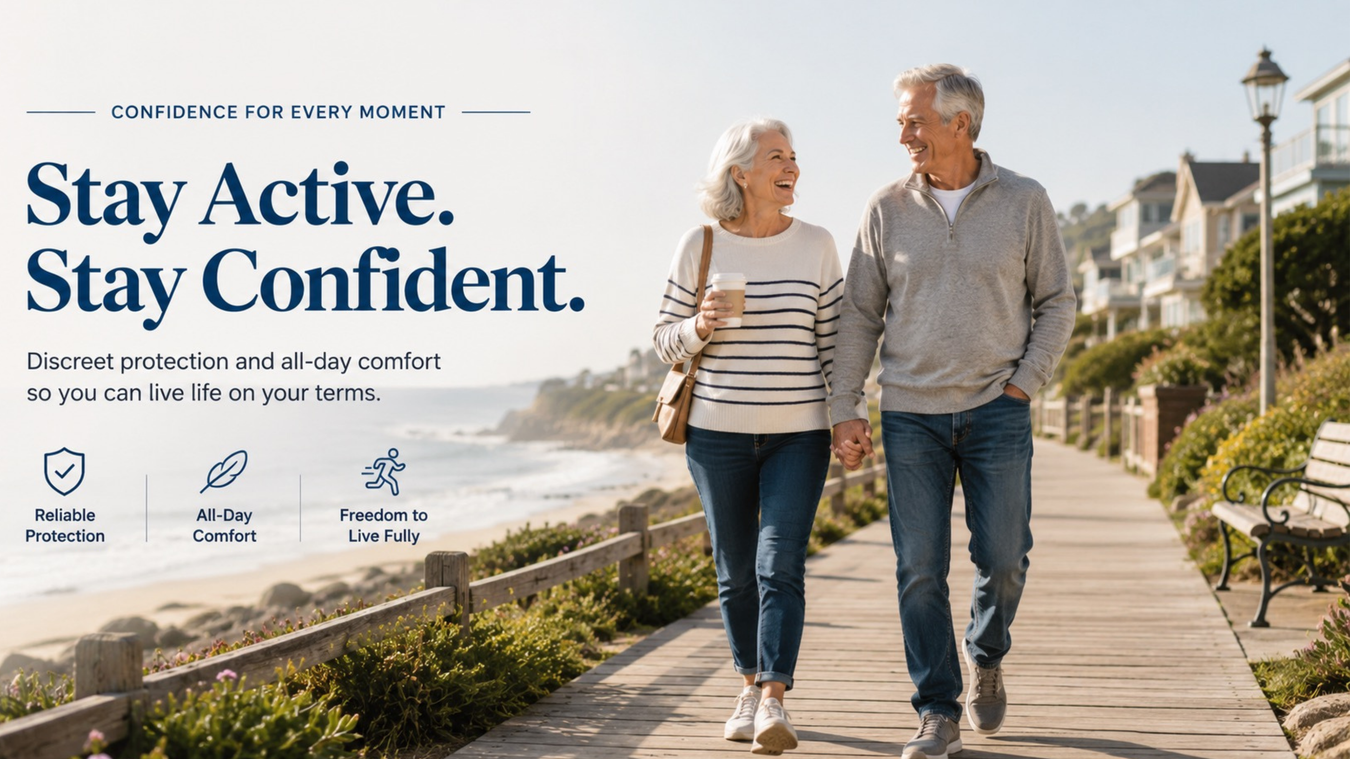 Two elderly individuals walking along a boardwalk with text about confidence and active living.
