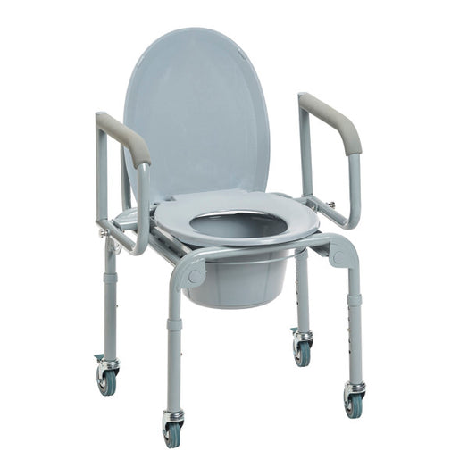 Gray commode chair with wheels on a white background