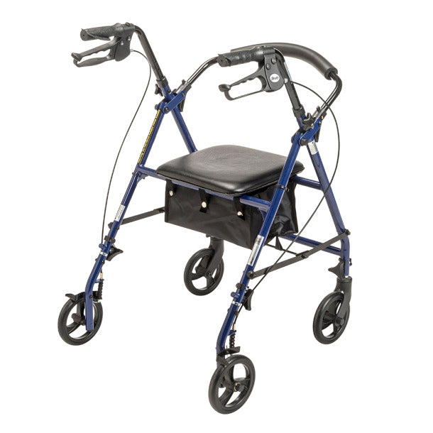 Blue and black walker with a seat on a white background