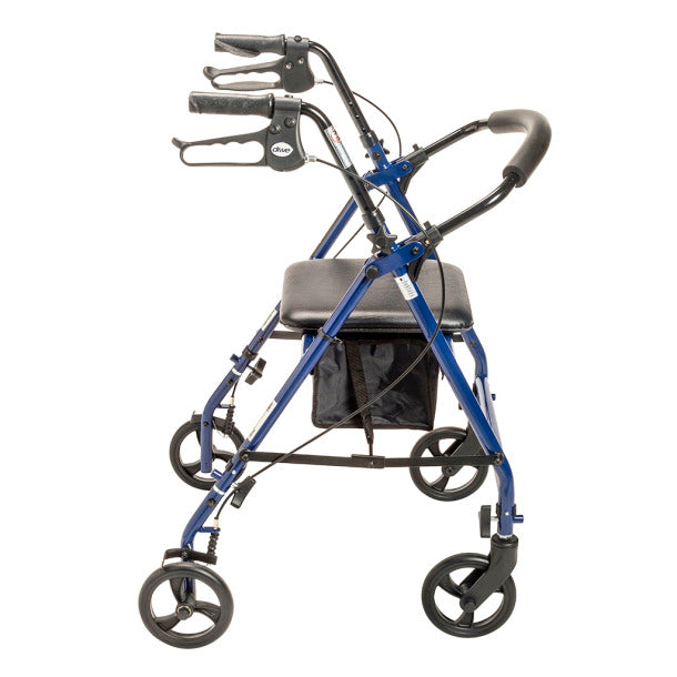 Blue and black walker with a seat on a white background
