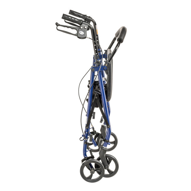 Foldable mobility scooter with blue frame and black wheels on a white background