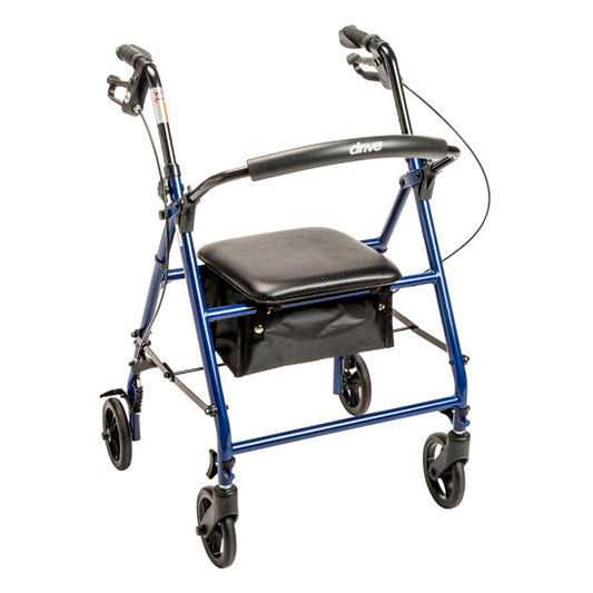 Blue rollator with a black seat on a white background