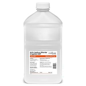 Bottle of 0.9% Sodium Chloride Solution on a white background