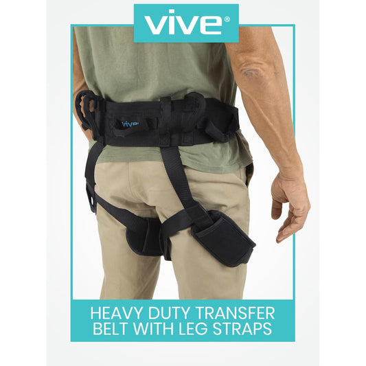 Heavy-duty transfer belt with leg straps worn by a person, featuring the 'Vive' brand.