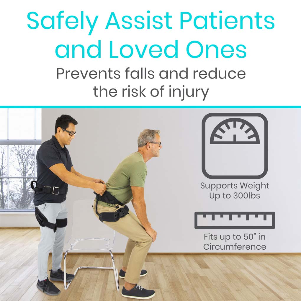 Person assisting another person with a safety device, promoting safety and preventing falls.