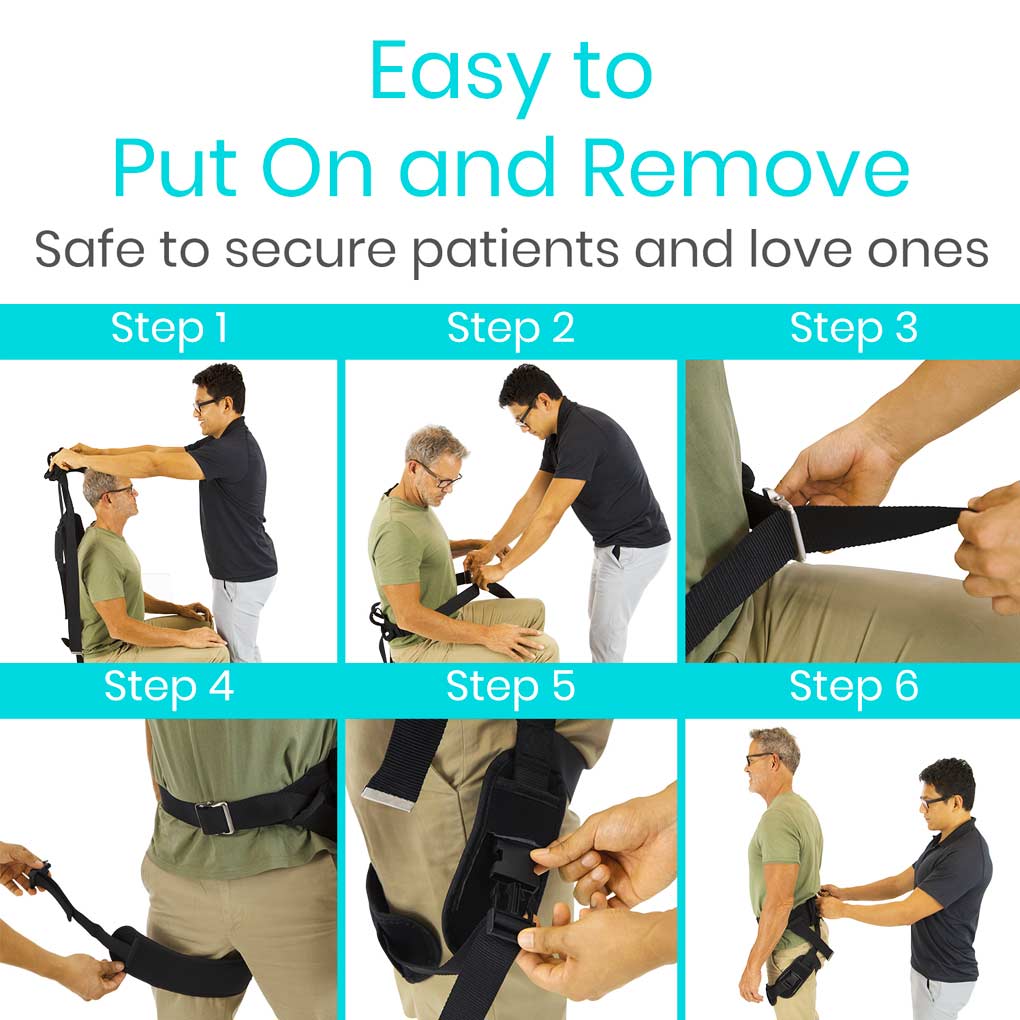 Step-by-step guide on how to put on and remove a safety belt, with text indicating ease of use and safety.