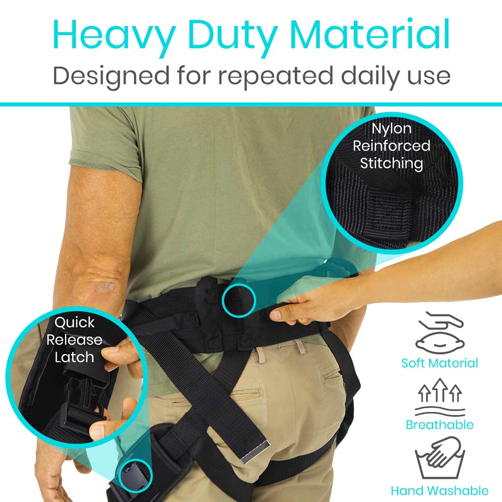 Person wearing a green shirt with a black harness, highlighting features like nylon reinforced stitching and quick release latch.