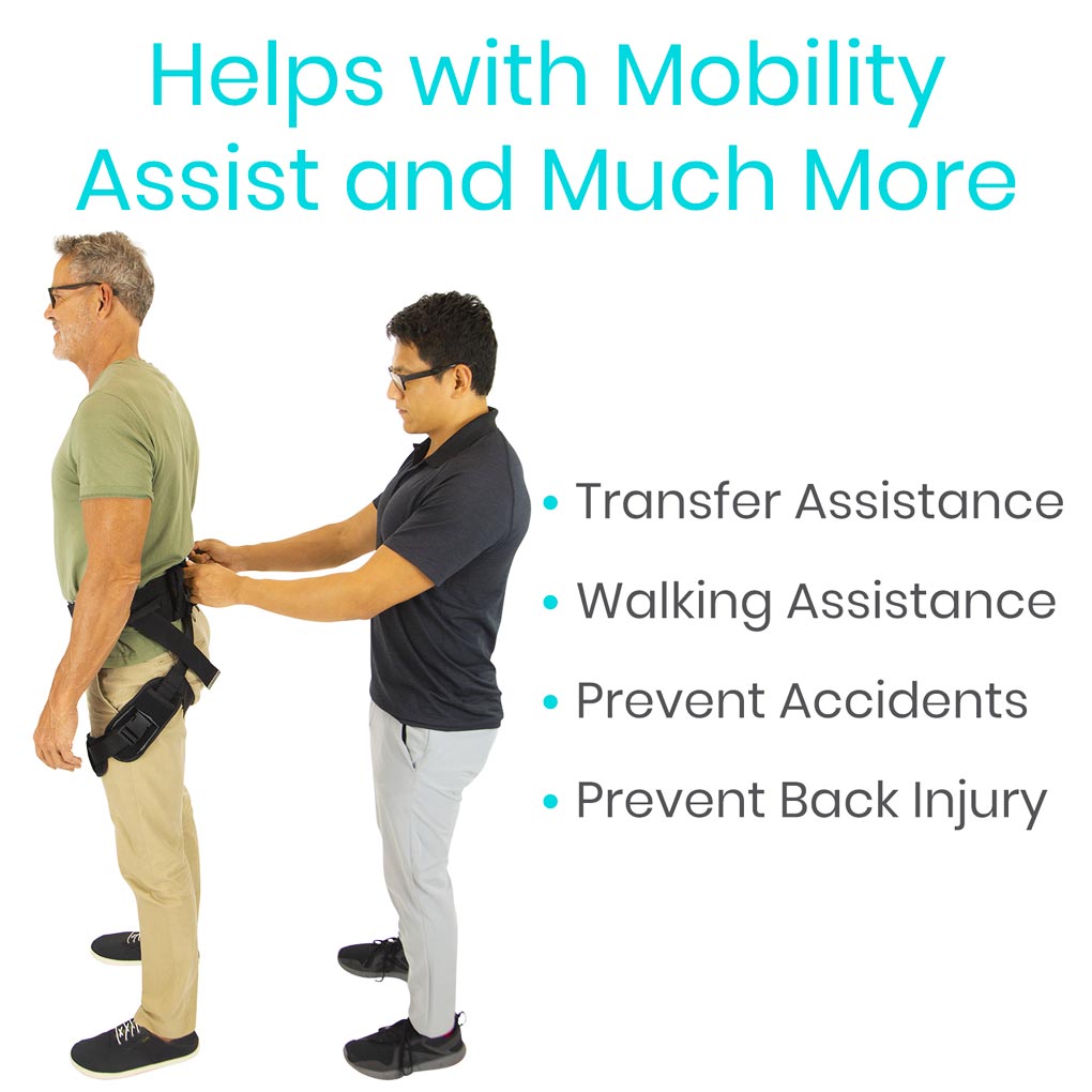 Two men using a mobility aid with text highlighting its benefits on a white background