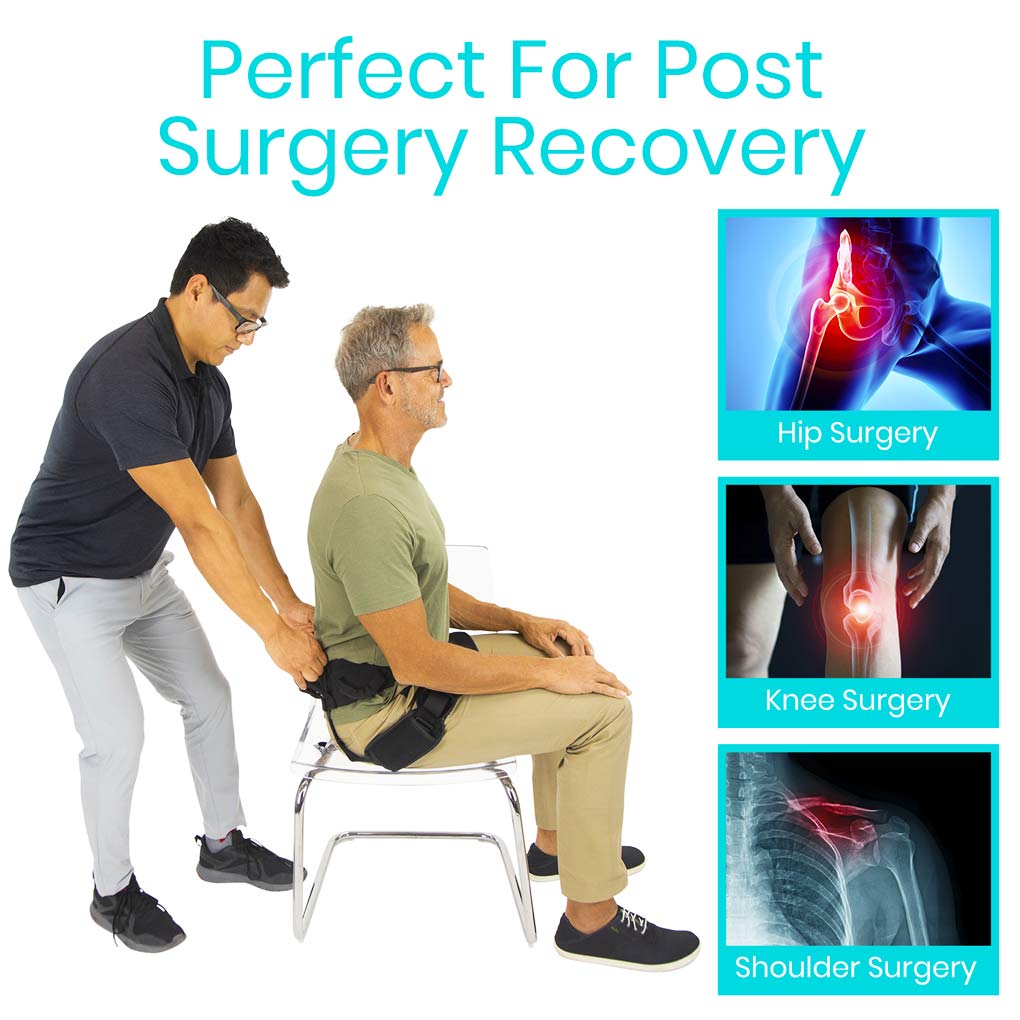Person assisting another person with a medical device, promoting post-surgery recovery, with images of surgeries on a white background.