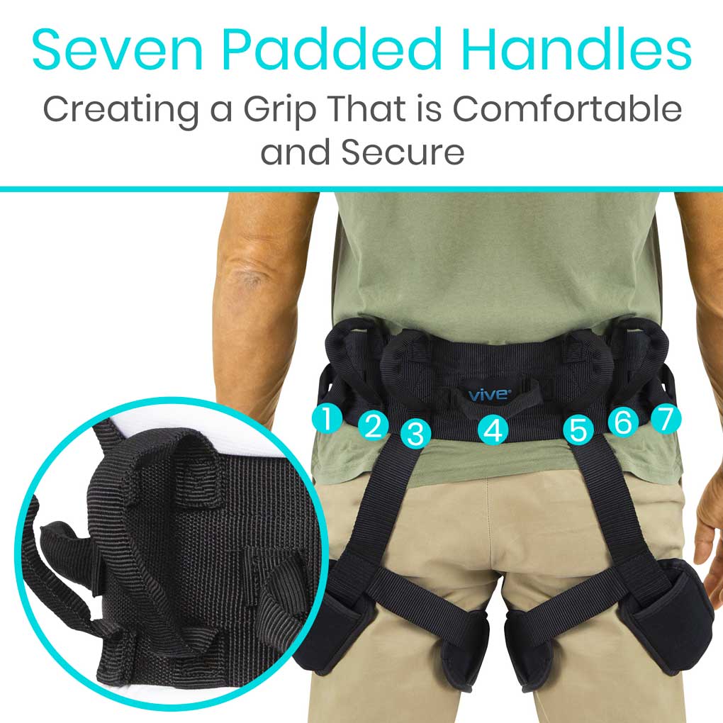 Person wearing a safety harness with seven padded handles labeled, emphasizing comfort and security.
