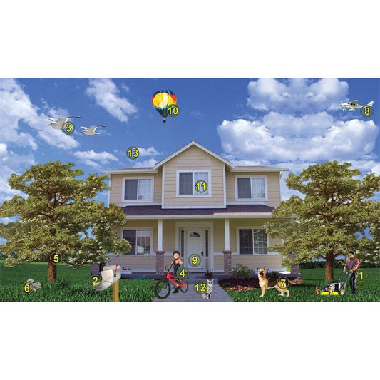 House with various objects and people around it, including a hot air balloon and a dog.