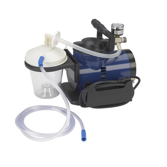 Blue and black pump with a white container and clear hose on a white background
