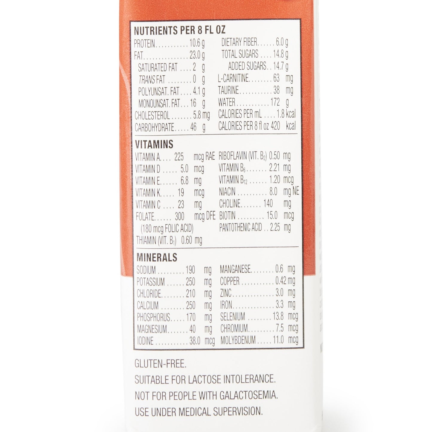 Nutritional label on a supplement container with white background