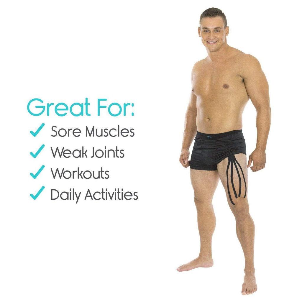 Man wearing black shorts with a diagram of muscles on his leg, text indicating benefits.