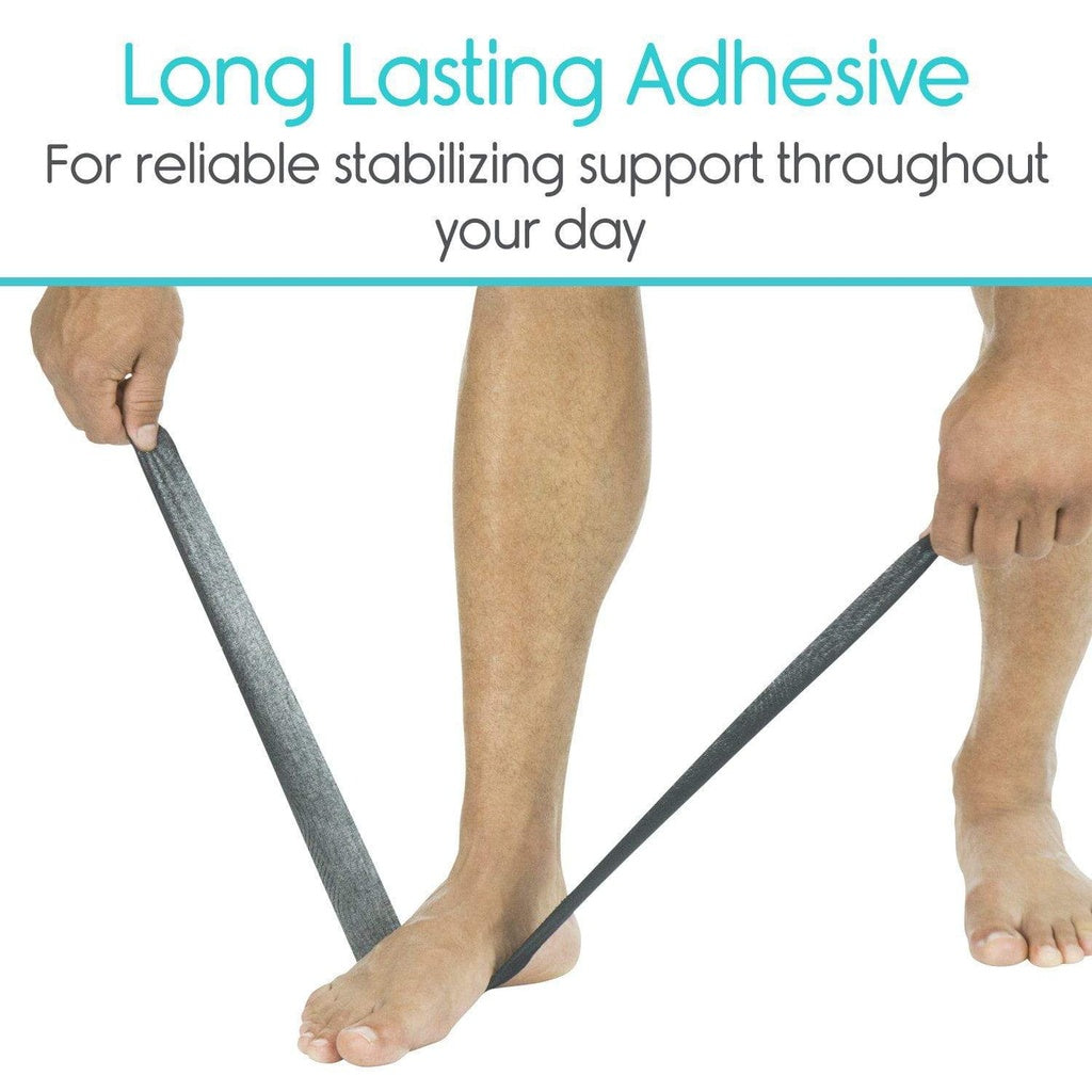 Person using a long-lasting adhesive strip on their leg with text about reliable stabilizing support.