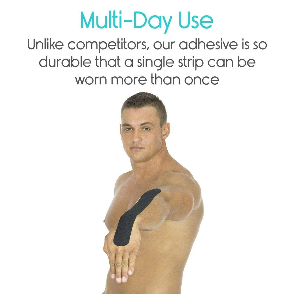 Man with adhesive strip on arm with text about multi-day use and durability