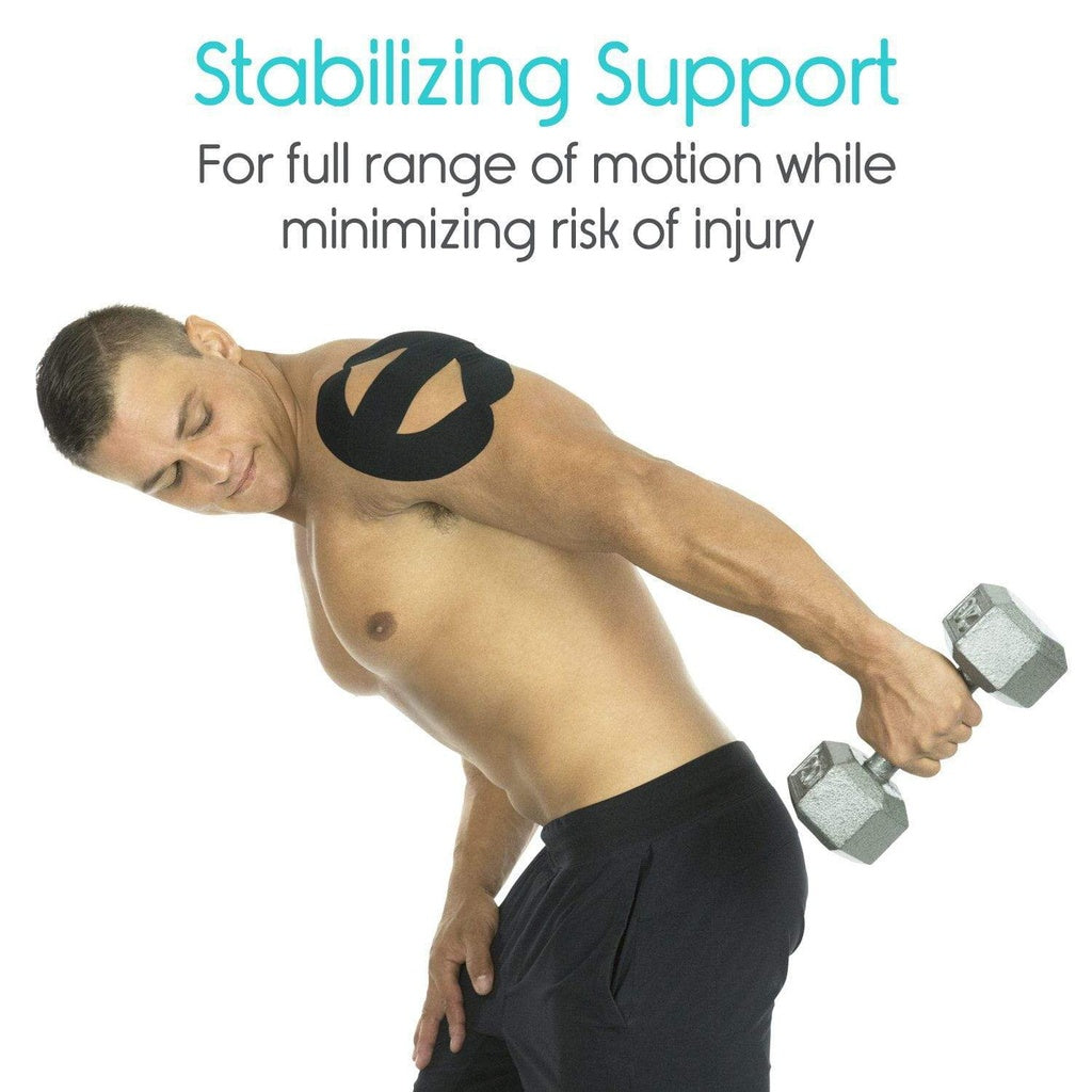 Man lifting weights with stabilizing support on shoulder, text about motion and injury prevention.