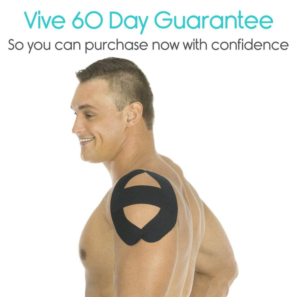 Man with black tape on shoulder with 'Vive 60 Day Guarantee' text