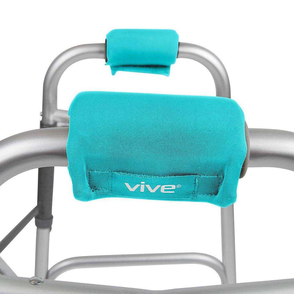 Turquoise armrest covers with 'vive' branding on a walker.