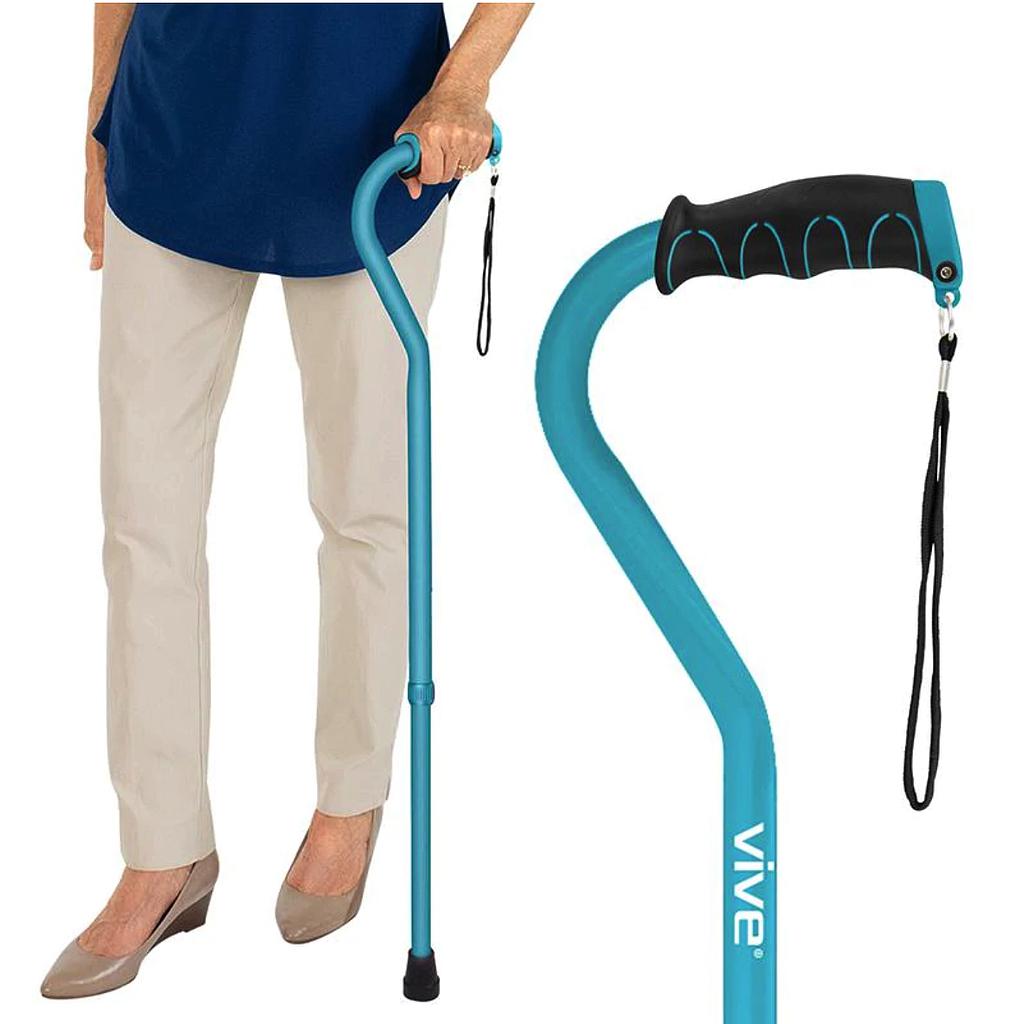 Blue walking cane with black handle held by a person, branded 'Vive'.