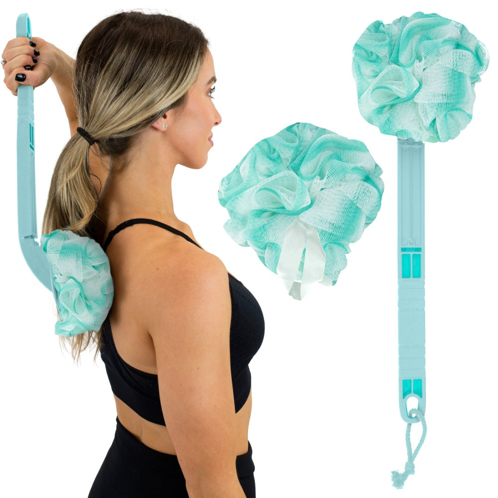 Woman holding a blue resistance band with green resistance loops, with additional green resistance loops displayed on a white background.