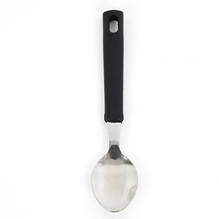 Spoon with black handle on a white background