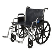 Wheelchair with black seat and wheels on a white background