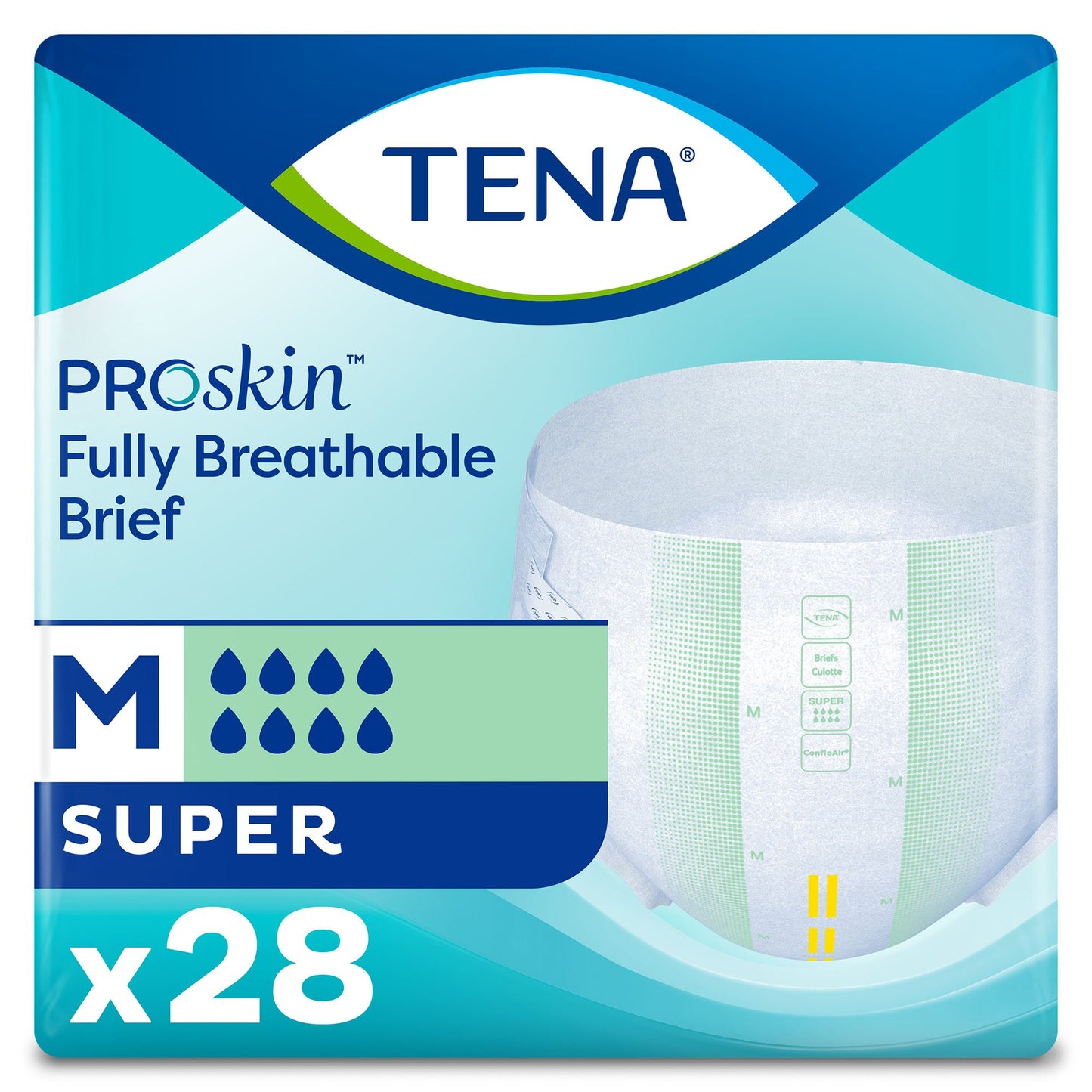 TENA Proskin fully breathable brief packaging with blue and white design
