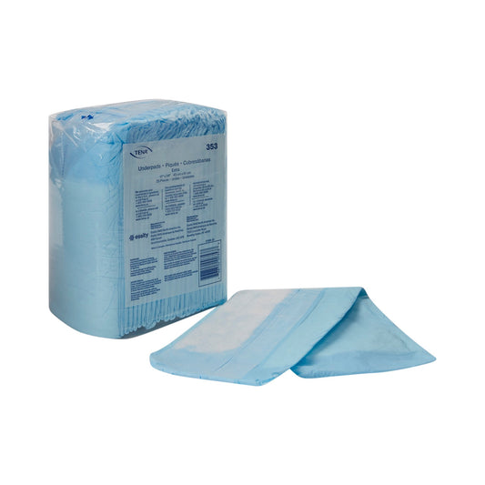 Pack of blue disposable underpads with a single pad displayed in front on a white background.