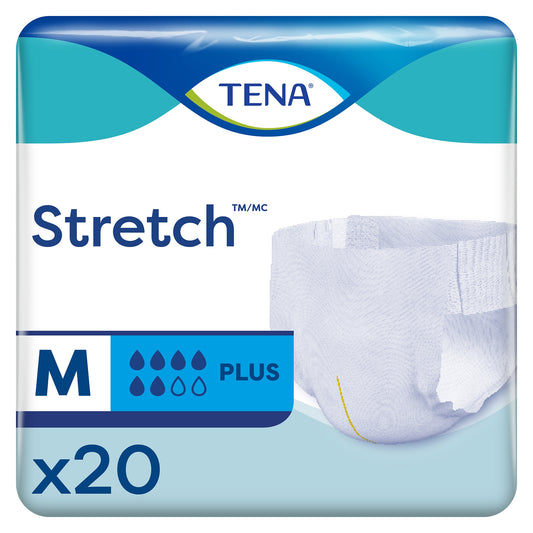 TENA Stretch Plus adult diaper package with a blue and white design.