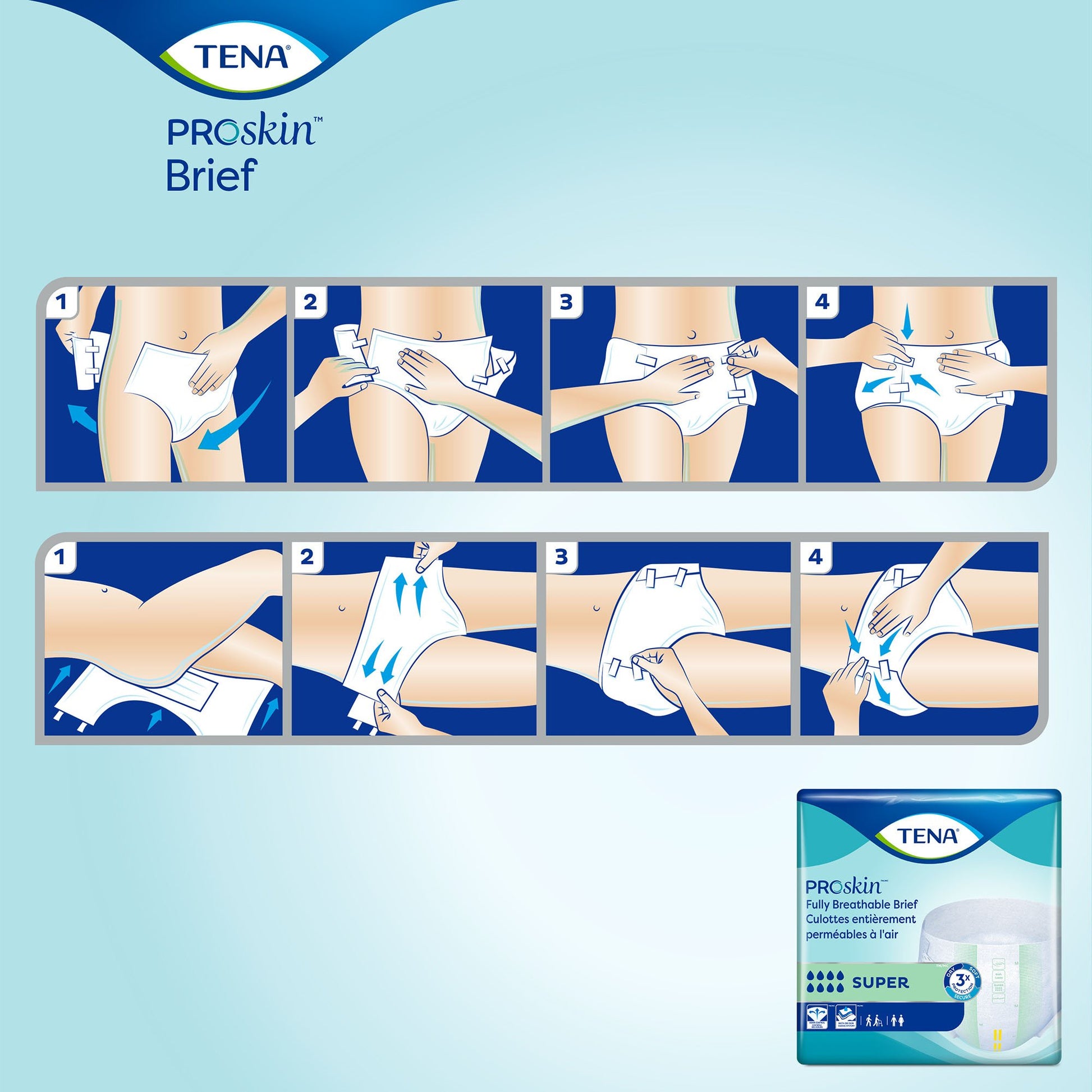 TENA ProSkin Brief product packaging with usage instructions on a blue background