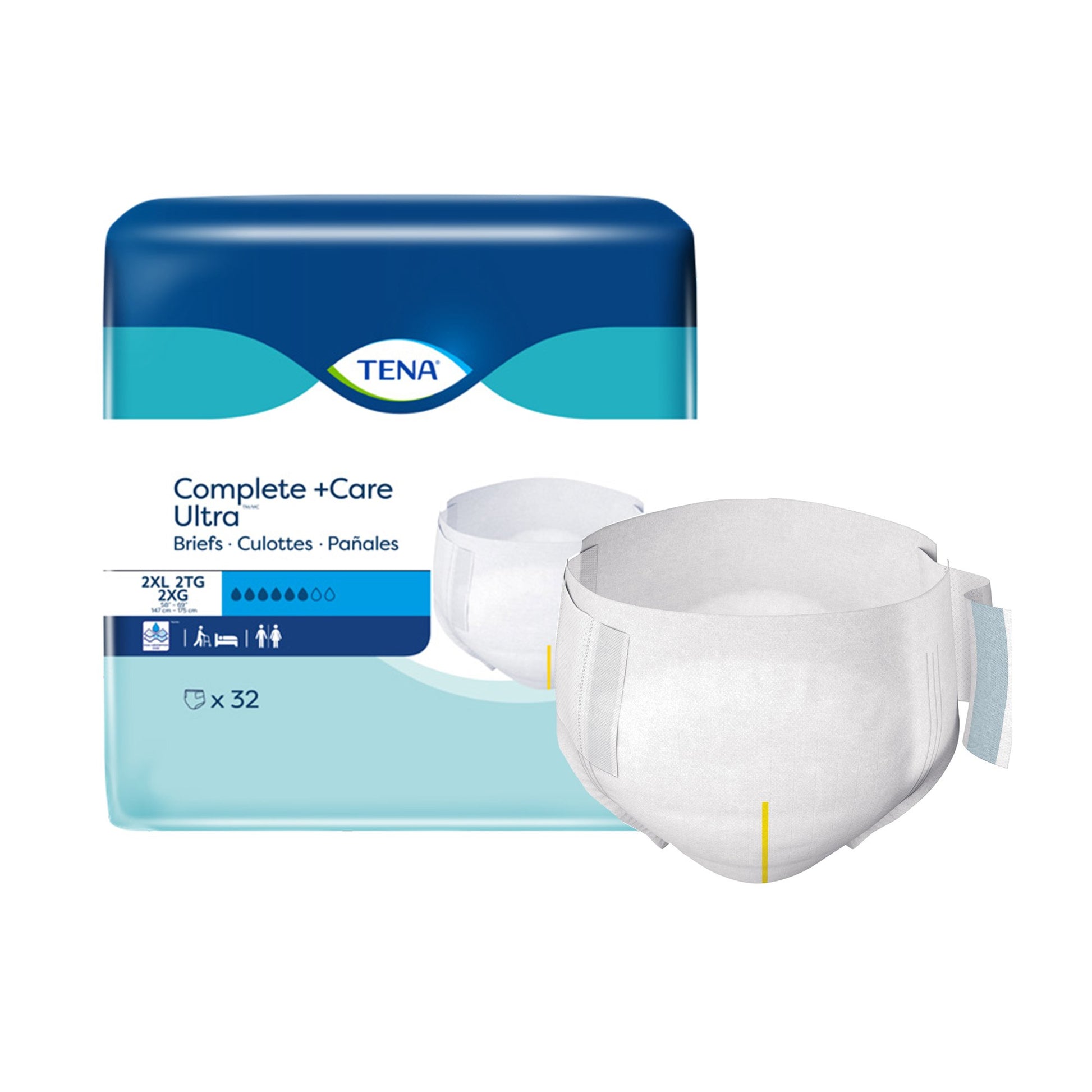TENA Complete+Care Ultra briefs packaging with a single brief displayed on a white background