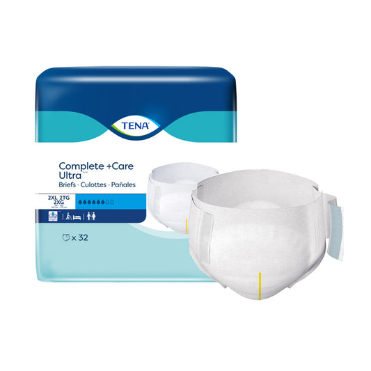 TENA Complete+Care Ultra briefs packaging with a single brief displayed on a white background