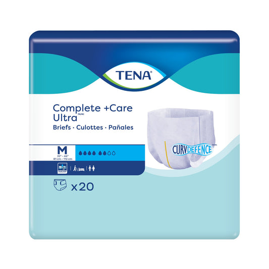TENA Complete + Care Ultra briefs packaging on a white background