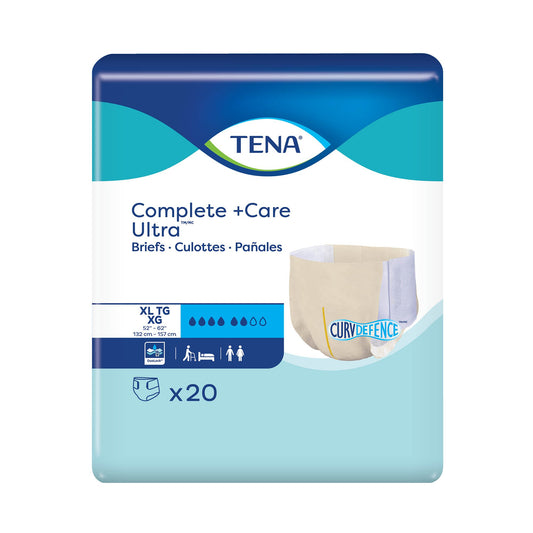 TENA Complete + Care Ultra Briefs packaging on a white background