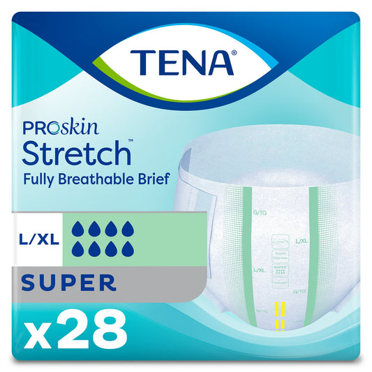 TENA ProSkin Stretch fully breathable brief packaging with a blue and white design.