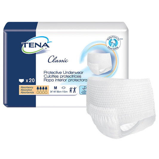 TENA Classic protective underwear packaging with a single pair displayed in front.