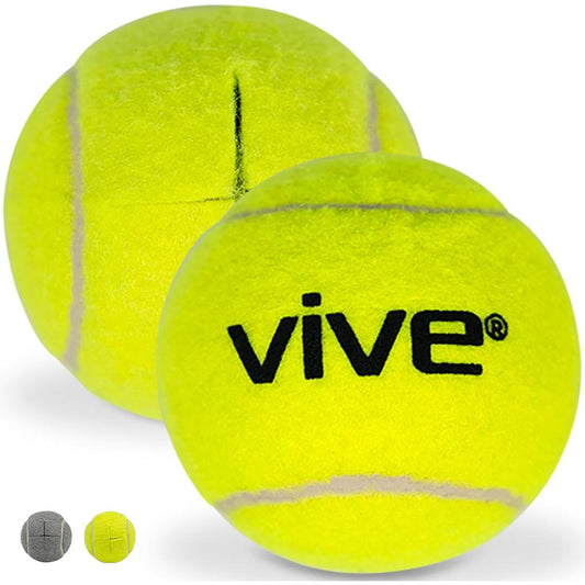 Two yellow tennis balls with 'Vive' branding on a white background