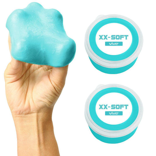 Turquoise XX-Soft product held in a hand with two containers of the product on a white background