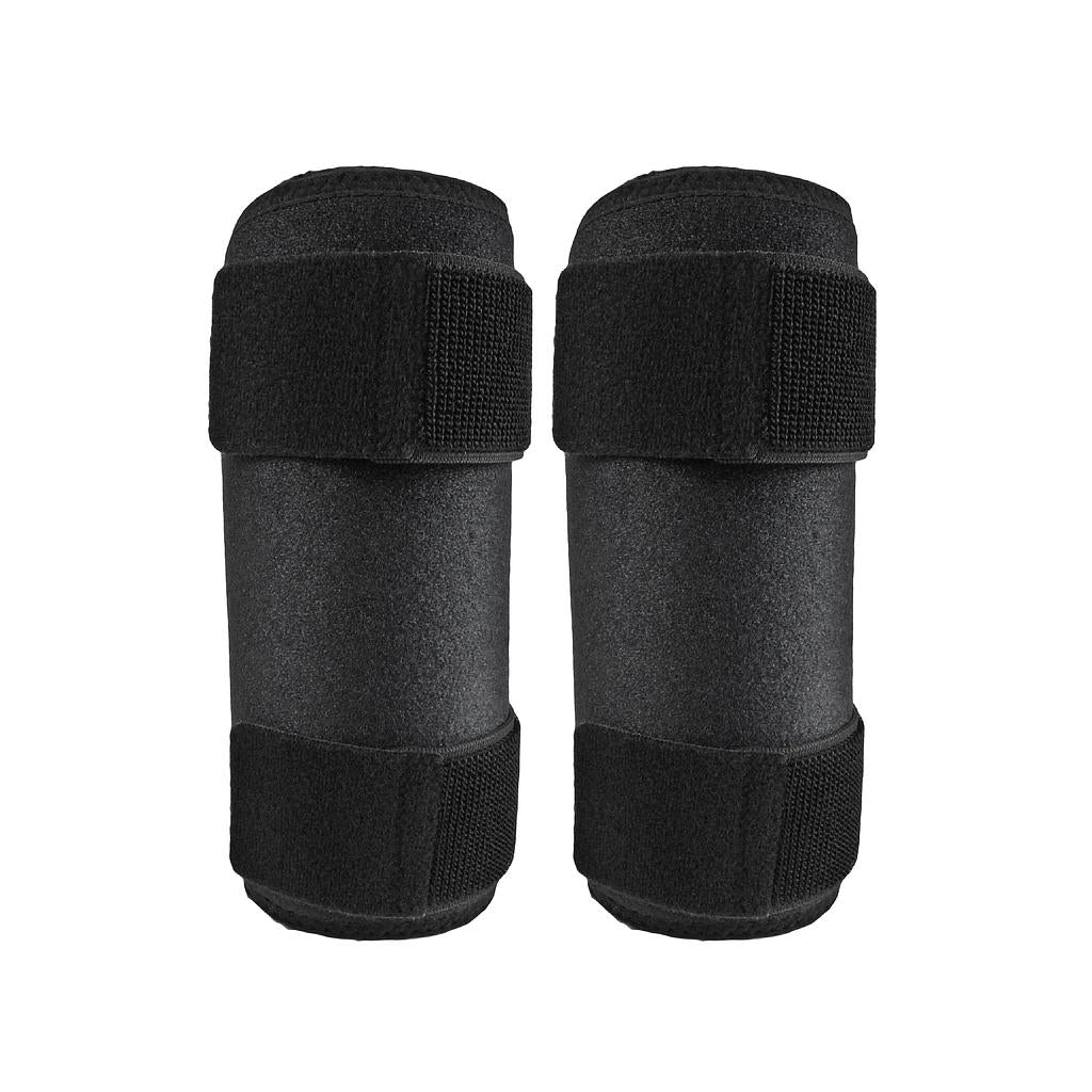Pair of black protective leg wraps on a white background