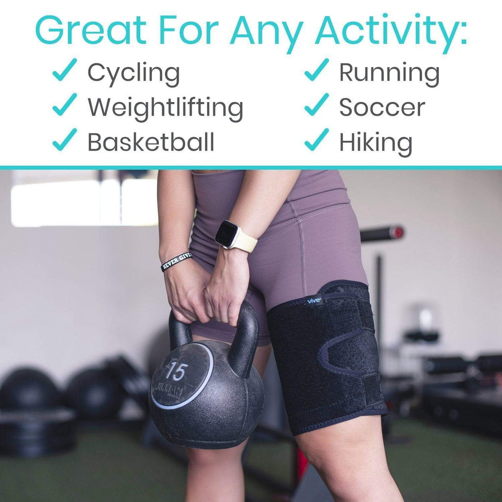 Person holding a kettlebell with fitness equipment in the background, promoting activities like cycling, running, soccer, and hiking.